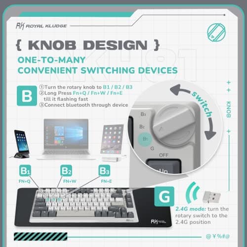 RK ROYAL KLUDGE H81 Hot Swappable Mechanical Keyboard, Triple Mode 2.4Ghz/BT5.1/USB-C Knob Control Wireless Gaming Keyboard Gasket Mounted with RGB Backlit SkyCyan Switch, 75% Layout 81 Keys — view 3
