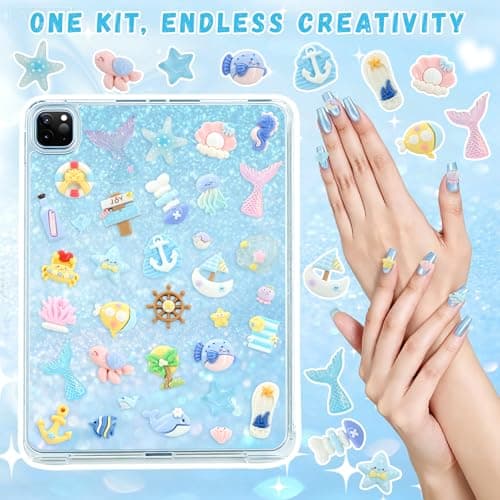 RidaaFri Junk Case Charms Kit, 3D Flatback Pearls Set, Blue Ocean Beach Themed Cute Starfish Turtles Mermaids Large Charms for DIY Craft Accessories — view 3