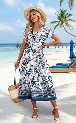 OFEEFAN Summer Dresses for Women Flowy Short Sleeve V Neck A Line Dress Spring Beach Vacation Casual Dresses Midi Maxi Dress Sundresses for Women Mandala Boho Print L
