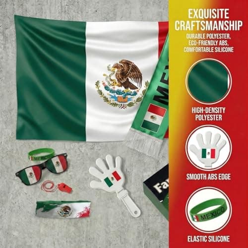 Soccer Fan Gear Set 2026-7 Piece Game Day Kit with Flag, Scarf, Glasses, Whistle, Clapper, Wristband & Headband in Gift Box - Watch Party & Stadium Essentials for Mexico