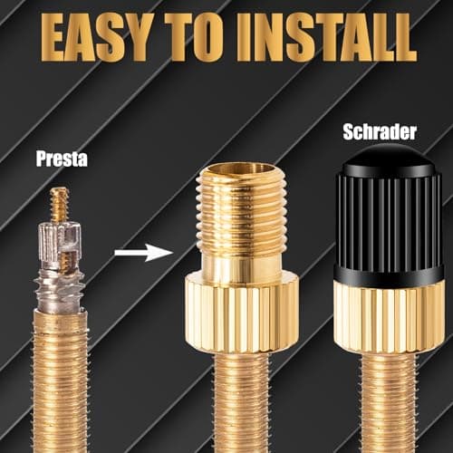 MEAJOO 4PCS Brass Presta Valve Adapter, Convert Presta to Schrader Adaptor, Inflate Tire Using Standard Pump or Air Compressor for Bikes, 8 x Black Tire Valve Caps (Vertical Grain Style) — view 4