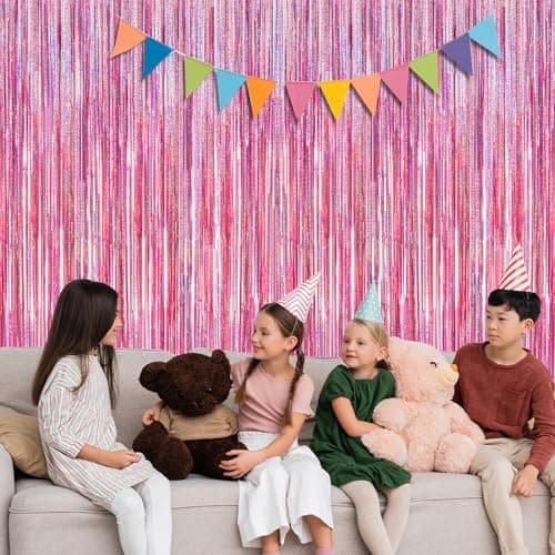 2 Pack Glitter Pink Backdrop, 3.28 FT x 7.05 FT Birthday Party Decorations, Laser Pink Fringe Curtains Foil Streamer Tinsel, Pink Curtains Photo Backdrop Happy Birthday Valentines Day Backdrop — view 5