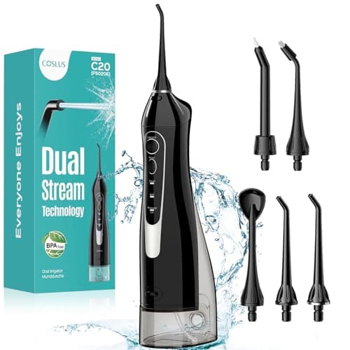 COSLUS ADA Accepted Water Dental Flosser Teeth Pick C20: Portable Cordless Oral Irrigator 300ML Rechargeable Travel Irrigation Cleaner IPX7 Waterproof Electric Flossing Machine, Professional Set Black