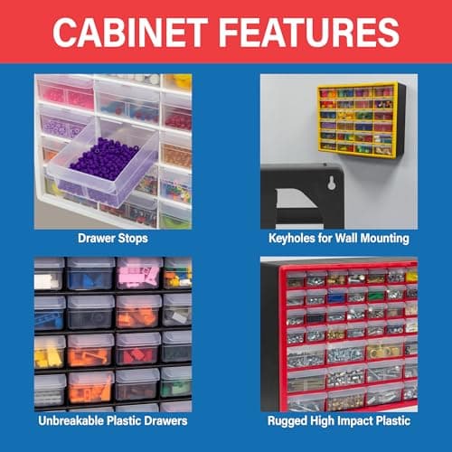 Akro-Mils 44-Drawer Plastic Drawer Storage Cabinet for Garage Organization, Bead Organizer, Building Bricks Storage, Teacher Toolbox, Makeup Organizer, 20" W x 6" D x 16" H, 10144 Black — view 5