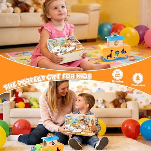 Hoarosall 27-Piece Wooden Noah's Ark Toy for 1-3 Year Olds Baptism Christmas Birthday Gift Bilingual Bible Story Montessori Shape Sorter Christian Educational Toy for Boys Girls — view 5