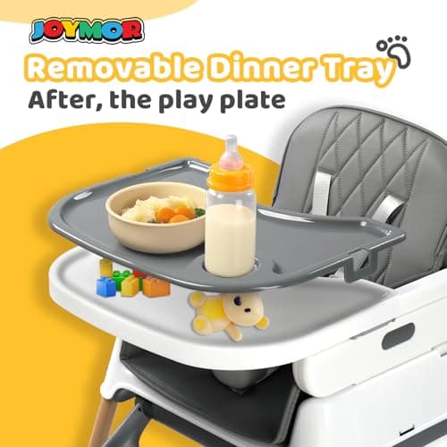 JOYMOR 5 in 1 Baby High Chair for Babies and Toddlers, Portable Highchair Fold Compact, ConvertibleBaby Feeding Chair Booster for Eating with Detachable Double Tray, 5 Point Harness (Grey&White) — view 4