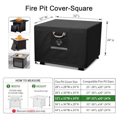 QH.HOME Fire Pit Cover Square Super Waterproof, 32" L x 32" W x 24" H Outdoor Firepit Table Cover 600D Strong Tear Resistant, UPF 50+ Fire Pit Cover Fading Resistant for Square Fire Pit - Black