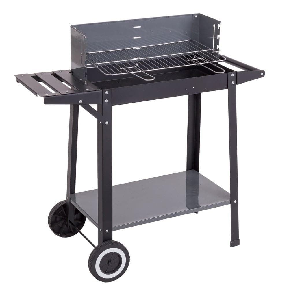 MONTY Barbacoa de Carbón Rectangular de Acero con Bandeja Lateral y Ruedas para Transporte - 10 Comensales, Parrilla 48x29 cm - Dimensiones 85x40x84 cm - Color Negro - Sencillo Montaje y Guardado