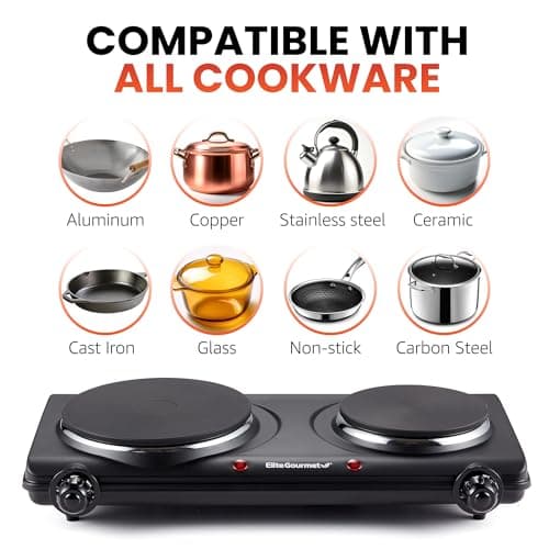 Elite Gourmet EDB-302BF# Countertop Double Cast Iron Burner, 1500 Watts Electric Hot Plate, Temperature Controls, Power Indicator Lights, Easy to Clean, Black — view 5