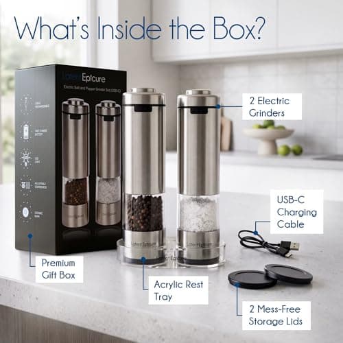Latent Epicure Electric Salt and Pepper Grinder Set, USB-C Rechargeable Stainless Steel Mills with LED Light, Adjustable Ceramic Grinders with Acrylic Mill Rest Tray — view 4