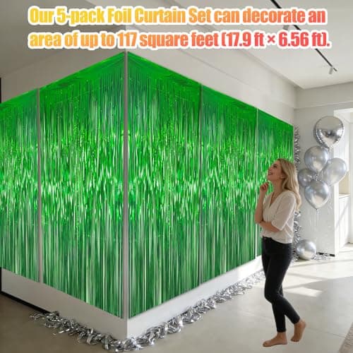 5 Pack 3.28ft x 6.56ft Green Tinsel Foil Fringe Curtains, Photo Booth Backdrop Football Party Decorations for Birthday Wedding Baby Shower Graduation st Patricks Day New Years — view 2