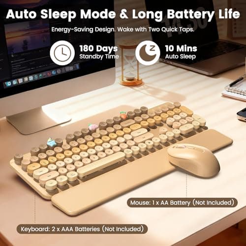 Wireless Keyboard and Mouse Combo, Full-Size Retro Typewriter Keyboard with Round Keycaps, Magnetic Wrist Rest & Tilt Legs, 2.4GHz Cordless for Mac/Windows PC/Laptop, SABLUTE CK23, Latte Gradient — view 5