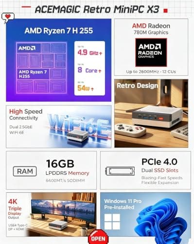 ACEMAGIC X3 Mini Gaming PC Ryzen 7 H 255 Radeon 780M 16GB 1TB Windows11 Pro