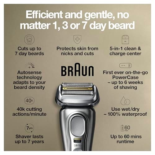 Braun Electric Razor for Men, Waterproof Foil Shaver, Series 9 Pro 9477cc, Wet & Dry Shave, with Portable Charging Case, ProLift Beard Trimmer, 5-in-1 Cleaning & Charging SmartCare Center, Silver — view 2