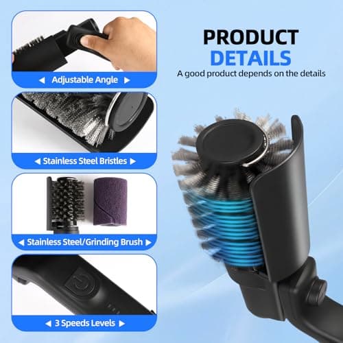 Cordless Electric Grill Brush with Adjustable Angle, 3-Speed Power Motor & Stainless Steel Head - Rechargeable, 90-Min Runtime, Waterproof Grill Cleaner for BBQ Grates & Griddles (Black) — view 3