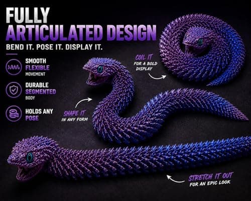 Articulated Crystal Snake – 3D Printed Flexible Snake Figurine, 58 cm (23 in) Poseable Serpent with Movable Mouth, Realistic Eyes, Fantasy Desk Decor (Ages 14+), (Purple) — view 4