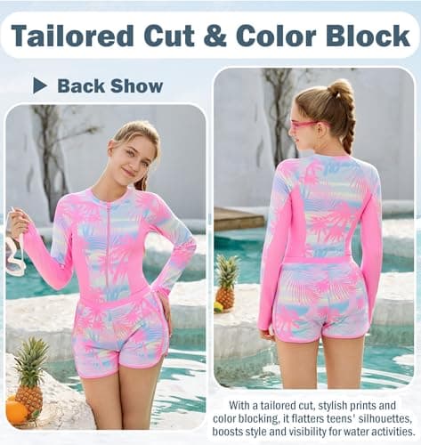 HOZIY Rash Guard for Teen Girls Modest Long Sleeve Tween Size 10-12 Two Piece Swimsuit Bathing Suits with Pocket Swim Shorts Kdis Rashguard Swimwear — view 5