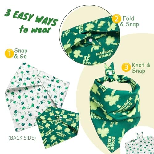 Dimidium 2-Pack St Patricks Day Dog Bandanas Set - Doggie Kisses Shamrock Wishes & Mini 3-Leaf Shamrock Print, Adjustable Snap Button Irish Holiday Scarf for Medium & Large Breeds(15-40kg) — view 4