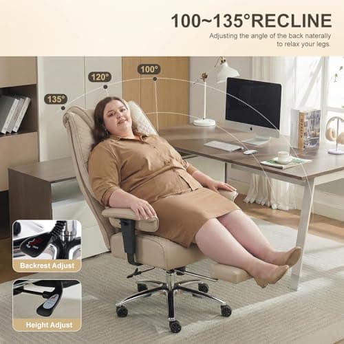EXCEBET Big and Tall Office Chair 400lbs Wide Seat, Leather High Back Executive Office Chair with Foot Rest, Ergonomic Chairs Lumbar Support for Lower Back Pain Relief (Beige) — view 2