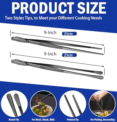 JETKONG 2 Pcs 9-Inch Food Tweezer Tongs, Stainless Steel Kitchen Tweezer Cooking Tweezers (Black) — view 2