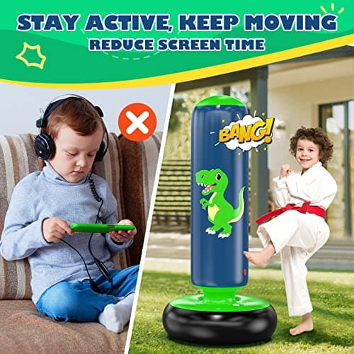 QPAU Inflatable Punching Bag, 48 Inch Stable Inflatable Boxing Bag for 3-6 Kids, Dinosaur Toy & Gifts for Boys and Girls, Kids Boxing Set for Practicing Karate, Taekwondo — view 2