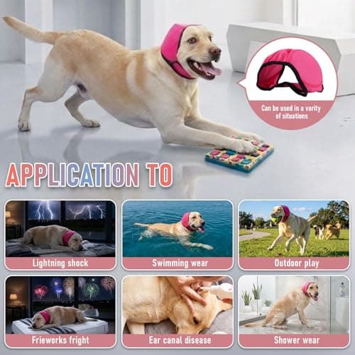 Dog Head Wrap - No Shake Ear Wrap Snood for Noise & Anxiety Relief, Ear Protector with Calming Hoodie, Dog Headband Ear Muffs for Hematoma, Grooming and Drying (Rose Red, M(Head Circle:14"-19")) — view 5