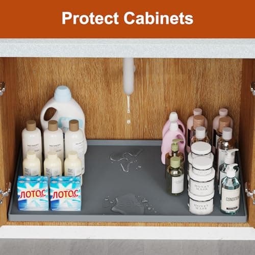 ukeetap Extra Thick Silicone Mat Waterproof with Raised Edge 40" x 22", Under Sink Mat for Kitchen & Bathroom, Kitchen Cabinet Liner, Multi-Purpose for Storage & Protection, Gray — view 4