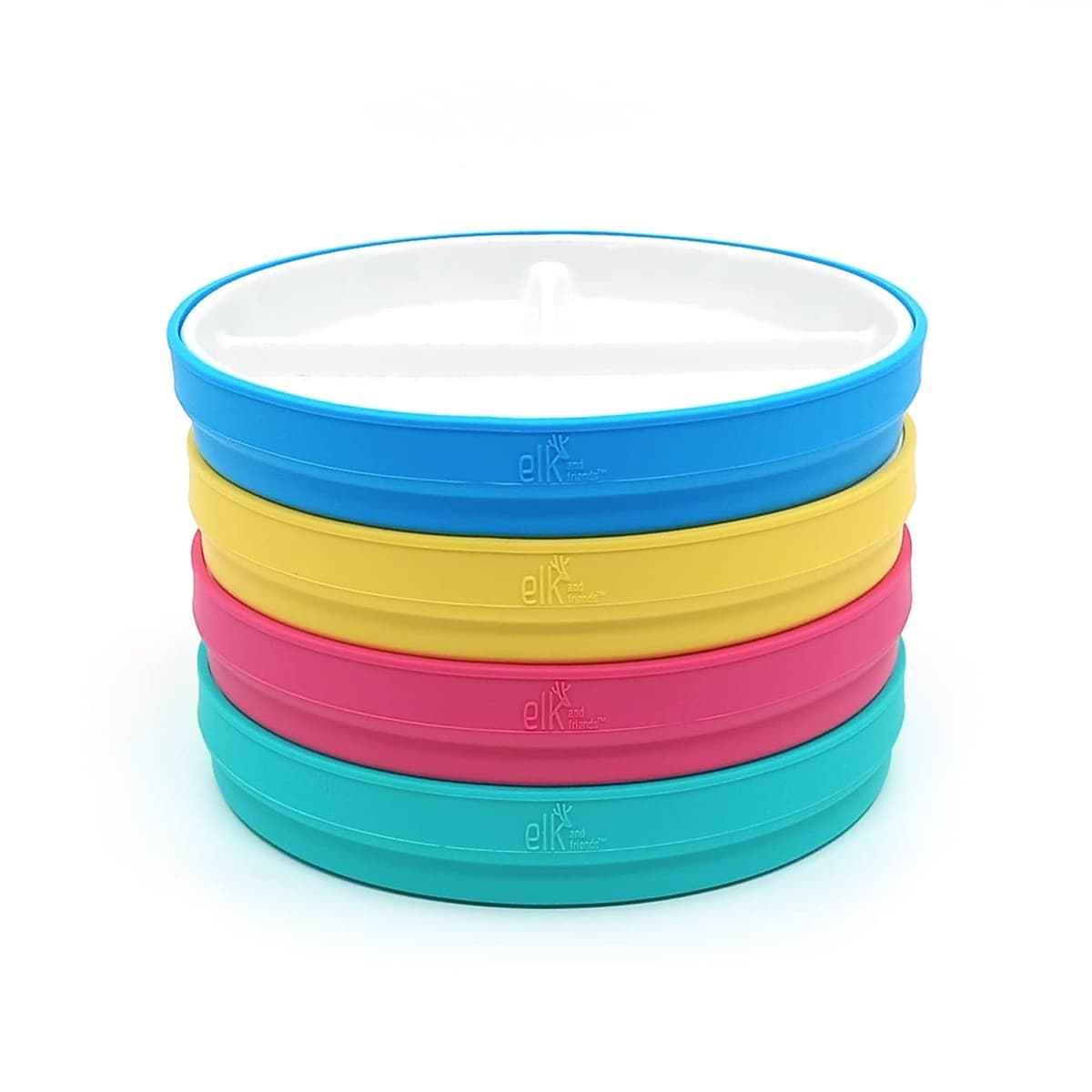 Elk and Friends Kids 6.7” Porcelain White Divided Plates with Silicone Sleeves | Suitable for Babies/Toddlers | Microwave & Dishwasher Safe | Non Slip Dinnerware | Snack Dishes | 4 Pack — view 17