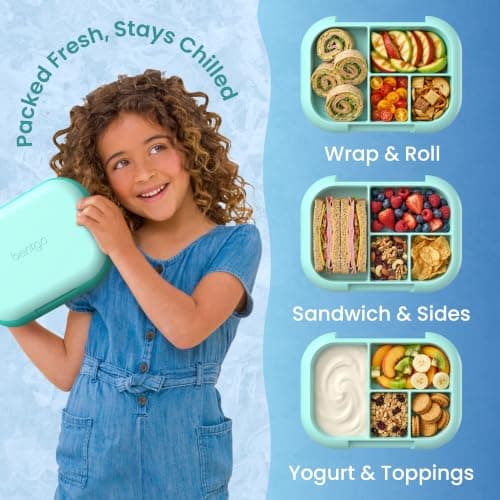 Bentgo Chill Kids Leakproof Lunch Box - 4-Compartment Bento Box with Built-In Ice Pack, 3.3 Cup Capacity, BPA-Free, Microwave & Dishwasher Safe Tray, Ages 3–7 (Aqua) — view 3