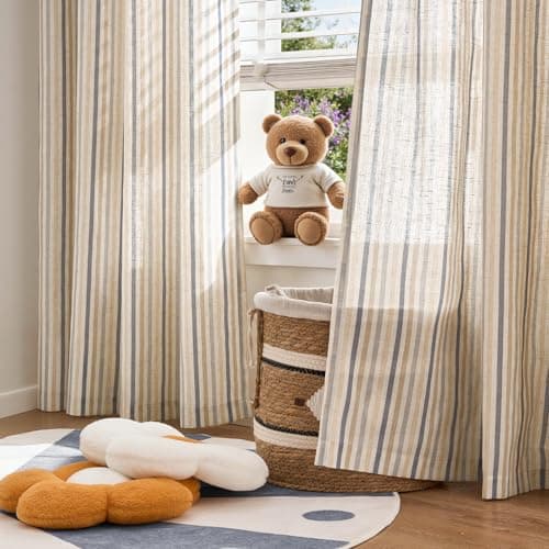 jinchan Colorful Linen Curtains for Living Room Multi Blue on Beige Striped Curtains for Bedroom Ticking Stripe Farmhouse Light Filtering Pinstripe Window Treatment 2 Panels 84 inches Long — view 3