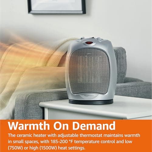 Amazon Basics Oscillating Ceramic Portable Indoor Space Heater, Fast Heating Technology, Overheat and Tip-Over Protection, Adjustable Thermostat, 1500W, 7.52"D x 6.34"W x 9.45"H, Silver — view 5