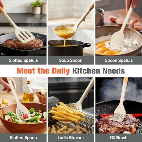 Silicone Cooking Utensils Set of 10 with Wooden Handle,No Scratch for Nonstick Cookware Slotted Spoon&Spatula,Solid Spoon&Spatula,Large Measuring Ladle,Brush,Rice Paddle,Baking Turner&Flipper (Khaki) — view 3