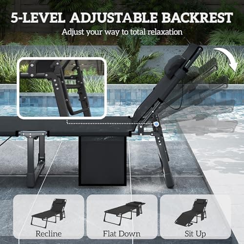 Outsunny Lounge Chair Outdoor Set of 2, 29.5" Wide Folding Chaise Lounge Tanning Chair, 5-Position Beach Patio Lounger Camping Cot Bed with Cushion, Side Pocket, Dark Grey/Blue — view 3