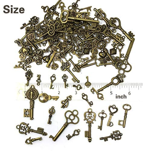 125 PCS Vintage Skeleton Key Set Charms, JIALEEY Mixed Antique Style Bronze Brass for Pendant DIY Jewelry Making Wedding Party Favors — view 5