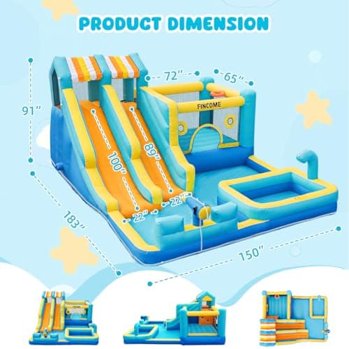 FINCOME Inflatable Bounce House, 10 in 1 Double Water Slide Bounce House with 750W Blower, Climbing Wall, Jumping, Water Gun, Splash Pool, Basketball Hoop for Kids Indoor Outdoor Backyard — view 5