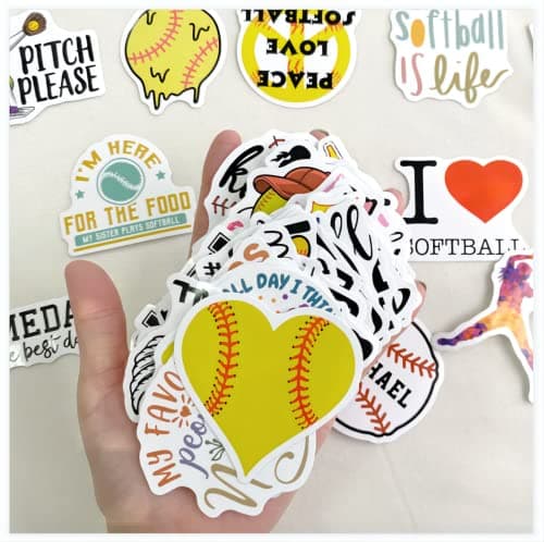 Lamdo Softball Stickers 100PCS Baseball Accessories, Softball Gifts for Girls and Teen, Waterproof Vinyl Helmet Stickers for Water Bottle, Laptop, Skateboard, Bag, Glove (Yellow)