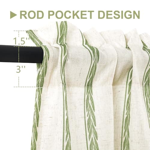 JIUZHEN Striped Linen Kitchen Curtains 2 Panels - Short Tier Drapes with Rod Pocket, Farmhouse Cafe Curtains for Small Windows 36 Inch Length, Wheat Stripe Green — view 2