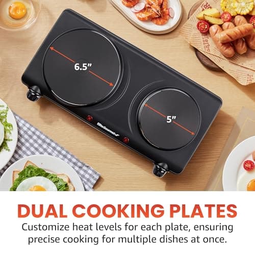 Elite Gourmet EDB-302BF# Countertop Double Cast Iron Burner, 1500 Watts Electric Hot Plate, Temperature Controls, Power Indicator Lights, Easy to Clean, Black — view 2