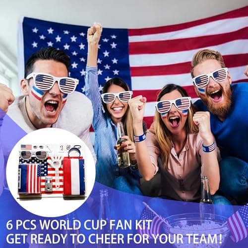 2026 World Cup Merch Soccer Fan Kit 6Pcs USA Soccer Fan Gear Set with American Flag, Glasses, Face Paint, Wristband, Clappers, Scarf - for Stadiums, Watch Parties, Patriotic Day 250 Anniversary