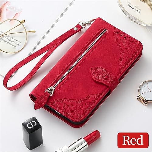 Refilerss Samsung Galaxy A54 5G Wallet Case Zipper Pocket with Card Holder Slot Magnetic Closure Lanyard Flip Cover for Galaxy A54 - Red — view 3