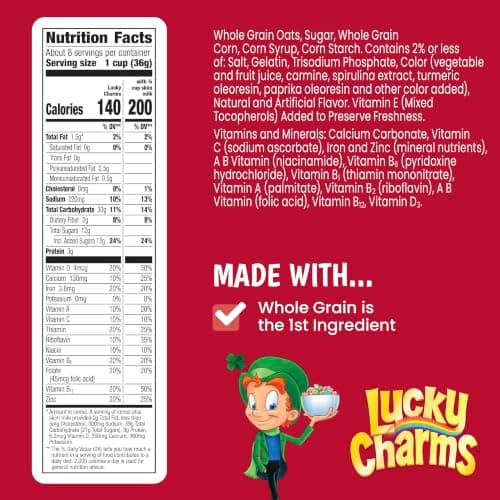 Lucky Charms Gluten Free Cereal with Marshmallows, Kids Breakfast Cereal, Made with Whole Grain, 10.5 oz