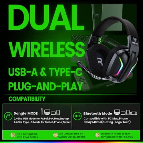 WESEARY Wireless Gaming Headset for PS5, PS4, PC, Switch & Mac, 20ms Ultra-Low Latency, 2.4GHz USB & Bluetooth 5.4 Gaming Headphones with Mic, 50H Battery Life, 3D Spatial Audio, Dynamic Lighting