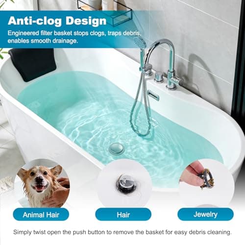 Hibbent 3 in 1 Metal Bathtub Drain Stopper, Universal Pop Up Tub Stopper, Bathtub Drain Hair Catcher, Removable Filter Basket, Anti-Clogging Drain Plug for 1.5''~2.4'' Drain, Brass Bullet Core, Chrome — view 7