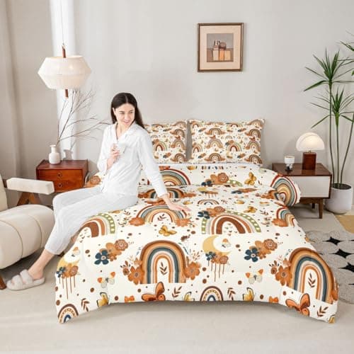 Erosebridal Girls Rainbow Comforter Set Twin Boho Butterfly Kids Bedding Set Bohemian Flowers Floral Leaves Quilt Set Moon Dream Catcher Bed Set Orange Tribal Exotic Style Room Decor 1 Pillow Case — view 3