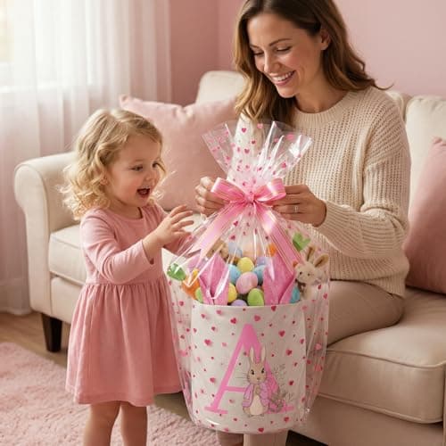 OXYEFEI Easter Baskets for Kids,Pink Personalized Easter Basket with Initial for Girl Boy Kids (A, Pink) — view 4