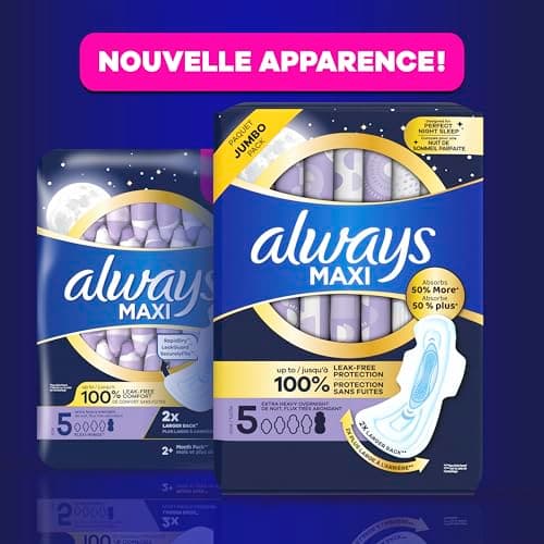 Always Maxi Pads for Women, Extra Heavy Overnight Pad with Wings, Size 5, Unscented, 36 Count — view 14