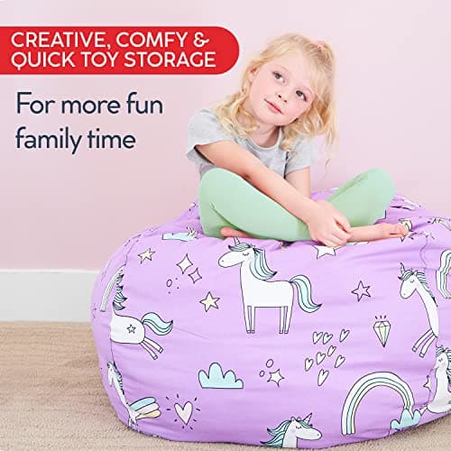 Creative QT Stuff ’n Sit Extra Large 38’’ Bean Bag Storage Cover for Stuffed Animals & Toys, Giant Beanbag Chair for Kids Ages 3-14, Bedroom Organizer, Grey/White Striped — view 4
