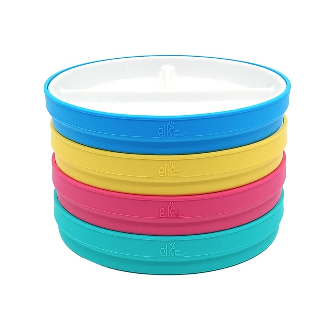 Elk and Friends Kids 6.7” Porcelain White Divided Plates with Silicone Sleeves | Suitable for Babies/Toddlers | Microwave & Dishwasher Safe | Non Slip Dinnerware | Snack Dishes | 4 Pack — view 26