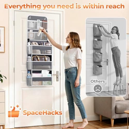 SpaceHacks 5-Tier Over the Door Organizer with Mesh Pockets, Baby Nursery Storage for Closet, Bathroom and Bedroom, Adjustable Hanging Closet Organizer for Cosmetics, Books and Essentials (Dark Grey) — view 5