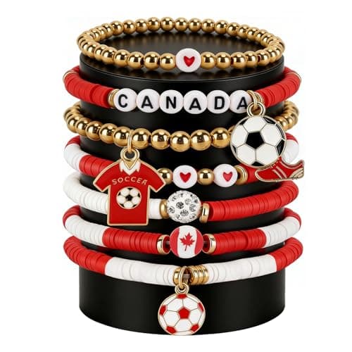 UPEOXT 7 Pcs Canada Soccer Bracelets, Stackable Beaded Wristbands for Women and Teens, National Team Fan Gear, Soccer Merchandise, Birthday Gifts for Football Accessory (7 Pcs)